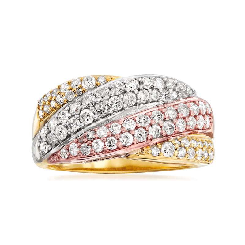 Tri-colored sterling silver diamond wavy crisscross ring with pave-set stones