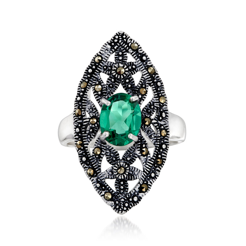 Sterling silver ring with oval green quartz center and black marcasite halo