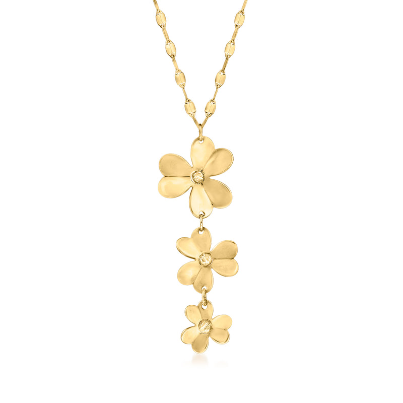 14kt yellow gold flower necklace with three dangling floral charms