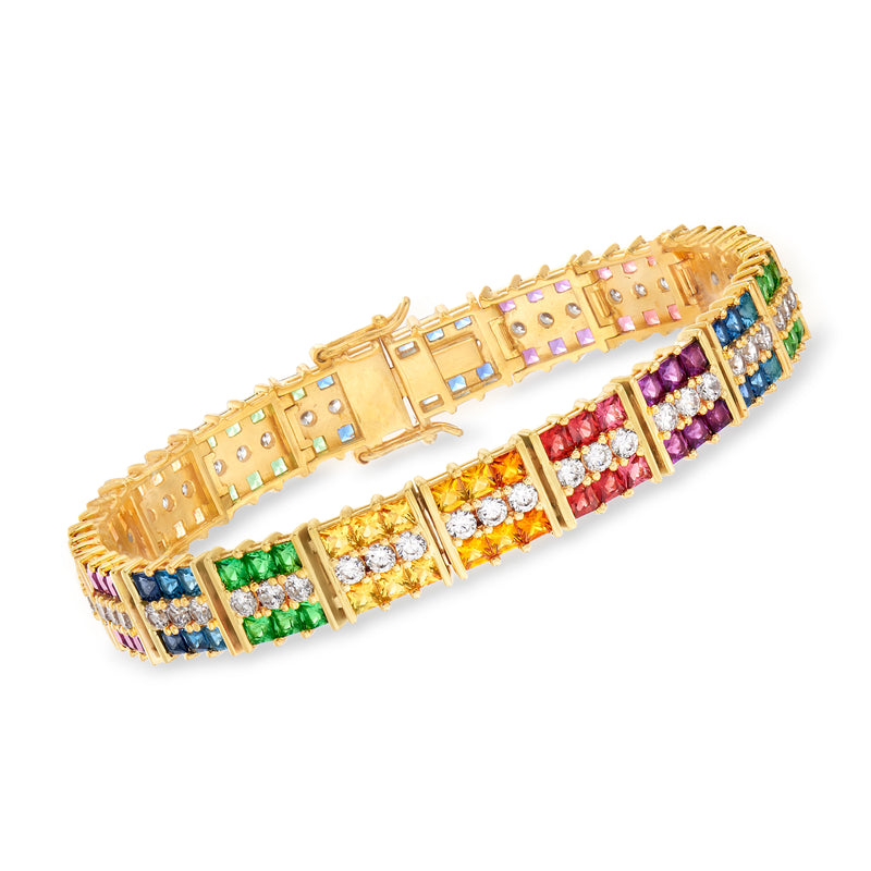 Multicolored CZ tennis bracelet in gold-tone with square cut crystal settings