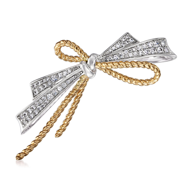 CZ ribbon bow pin with sterling silver and gold-tone twisted ribbon accents