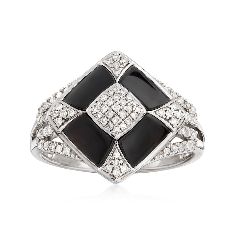 Sterling silver ring with black agate inlay and diamond accents