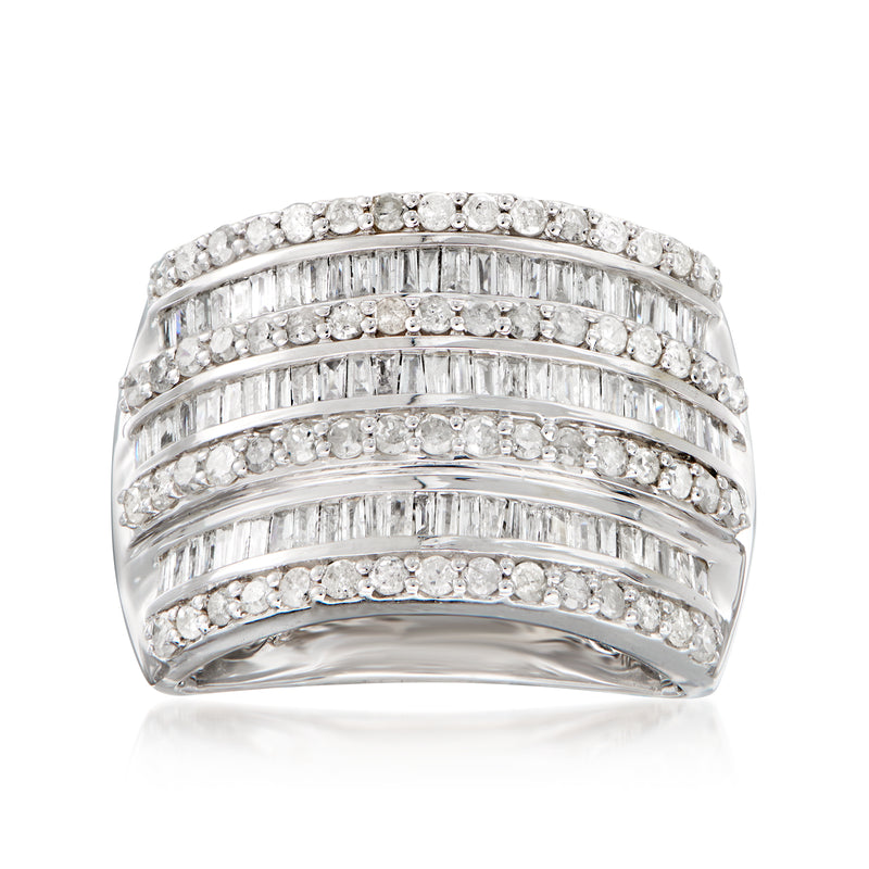 Sterling silver diamond multi-row ring with round and baguette stones