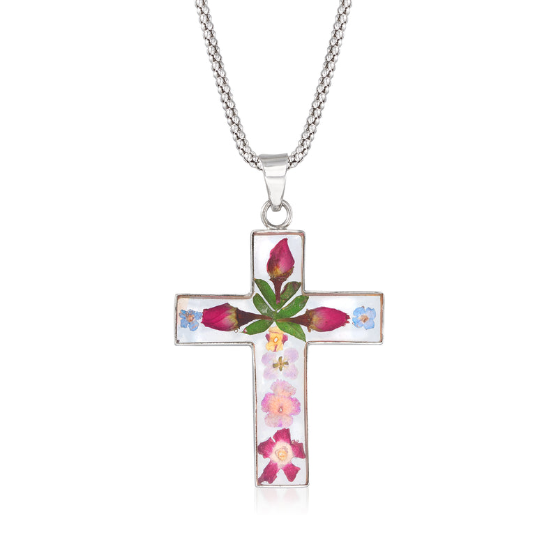 Sterling silver cross pendant necklace with floral dried flower inlay and silver chain
