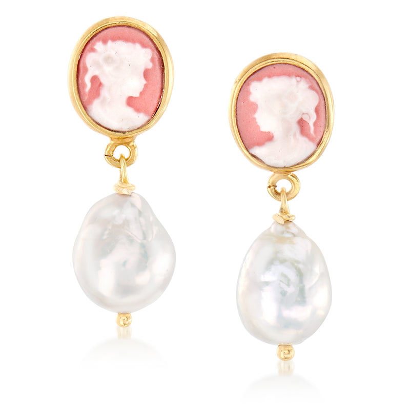 Gold-tone drop earrings with pink cameo top and white baroque pearl teardrop