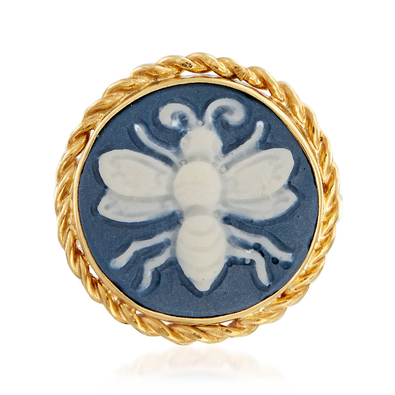 Bee cameo ring with blue porcelain center and braided 18kt gold over sterling bezel