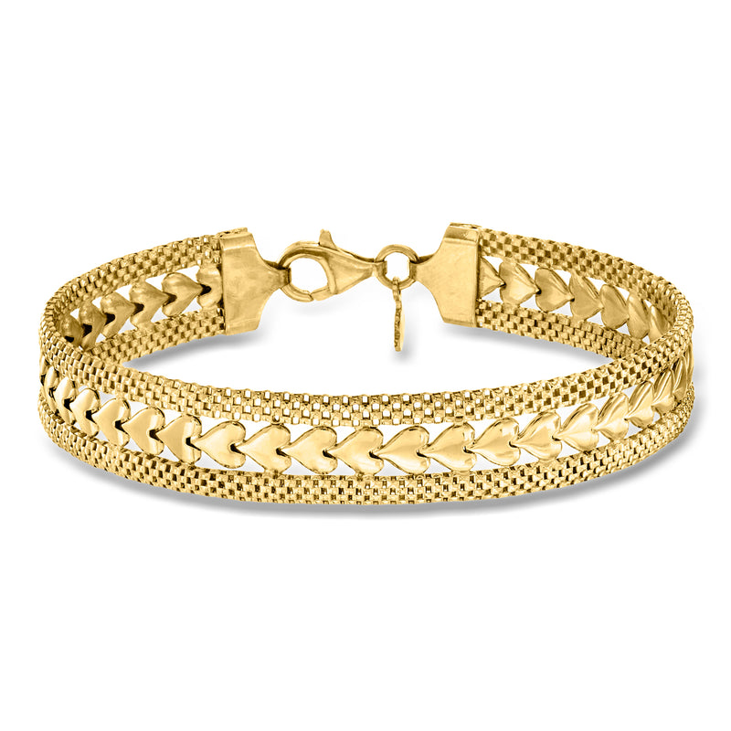Gold over sterling silver heart-motif bracelet with toggle clasp and engraved links