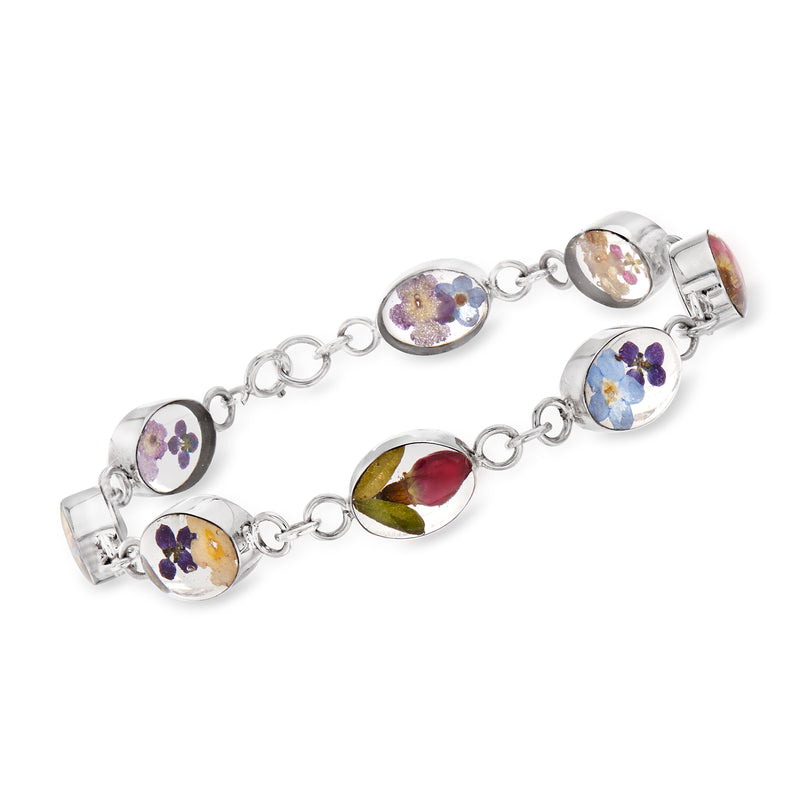 Sterling silver link bracelet with oval dried-flower inlays and secure clasp
