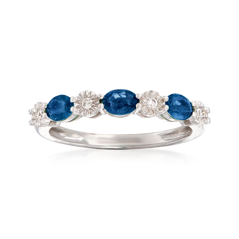 Stackable white gold ring with three oval blue sapphires and diamond accents