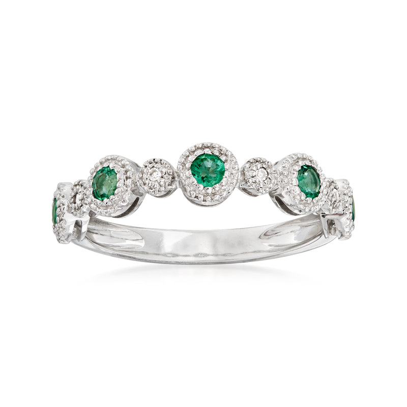 14kt white gold emerald and diamond stackable ring with five green round stones