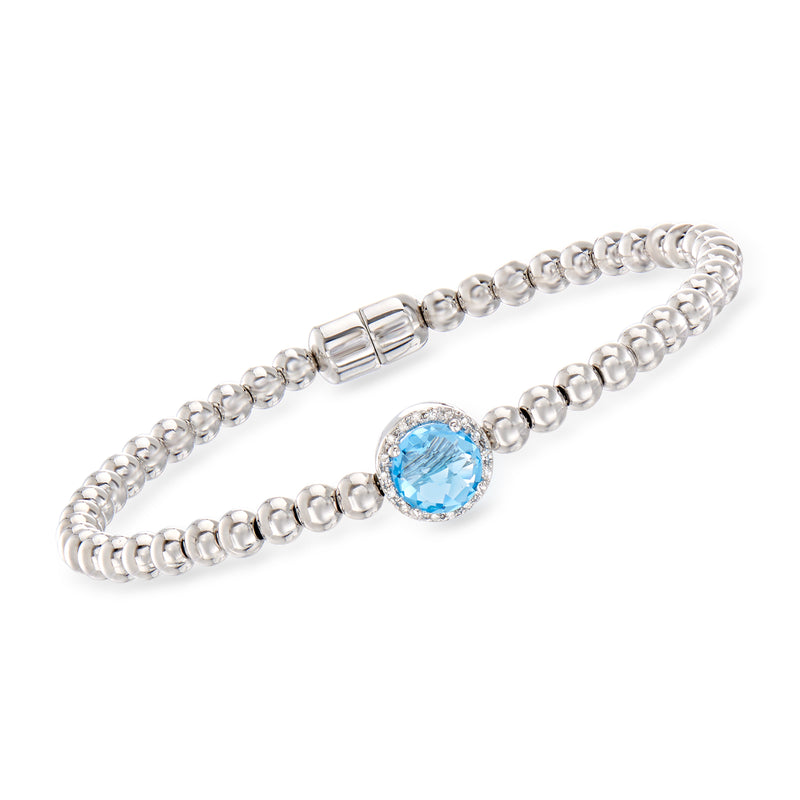 Sterling silver beaded bracelet with round blue topaz center and magnetic clasp