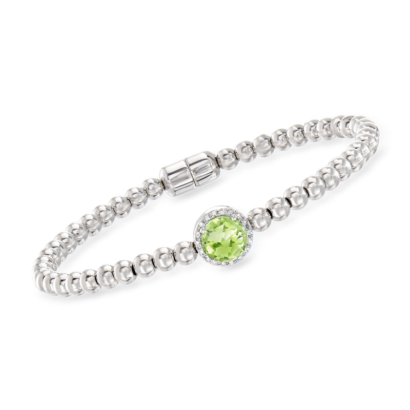 Sterling silver beaded bracelet with round peridot green gemstone centerpiece