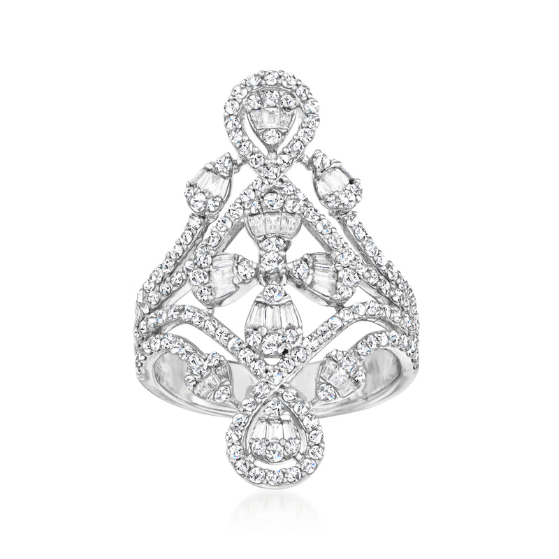 14kt white gold openwork diamond ring with baguette and round stones