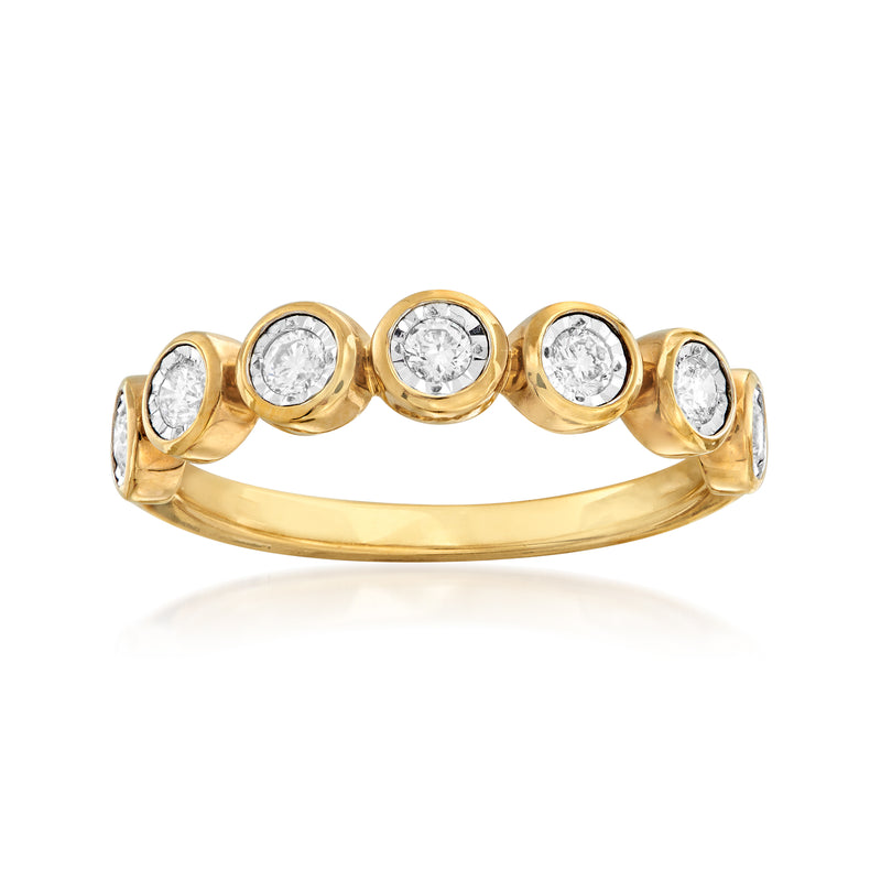 18kt gold over sterling diamond bezel ring with five round stones, polished band