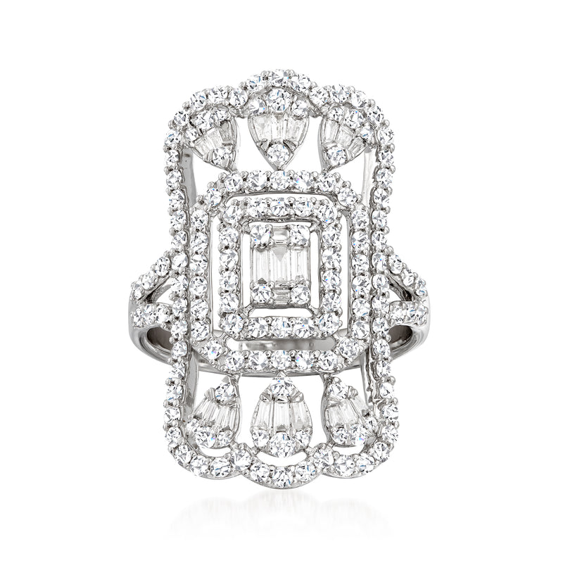 14kt white gold openwork diamond ring with square center and round halo, prong-set stones