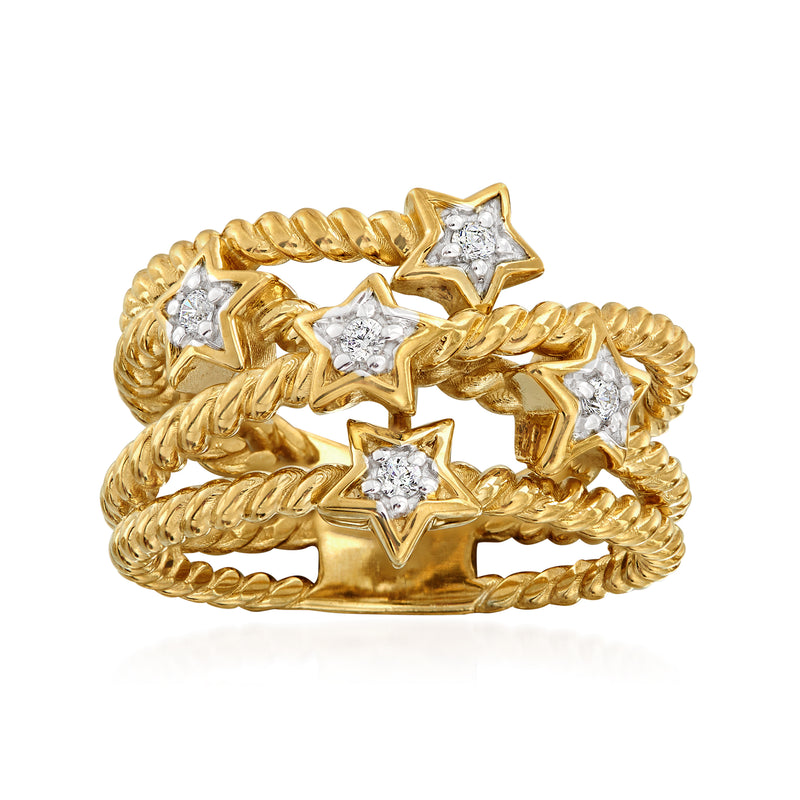 Gold crisscross ring with star-cut clear stones and twisted band detail