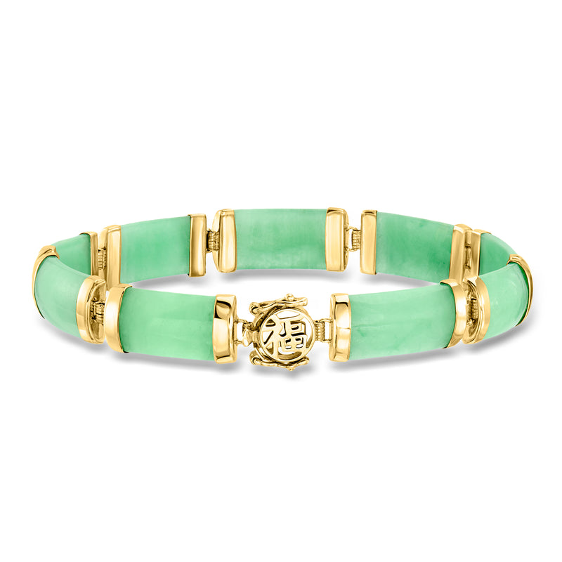 Jade green bracelet in 14kt yellow gold with hinged clasp and central fortune charm