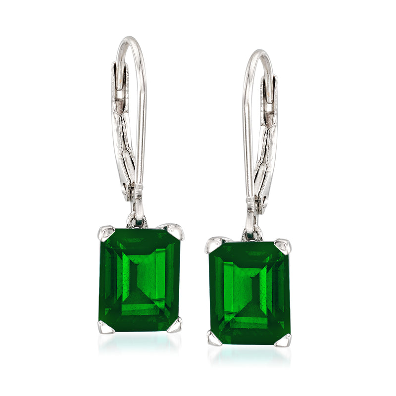 Sterling silver simulated emerald drop leverback earrings, square green stone