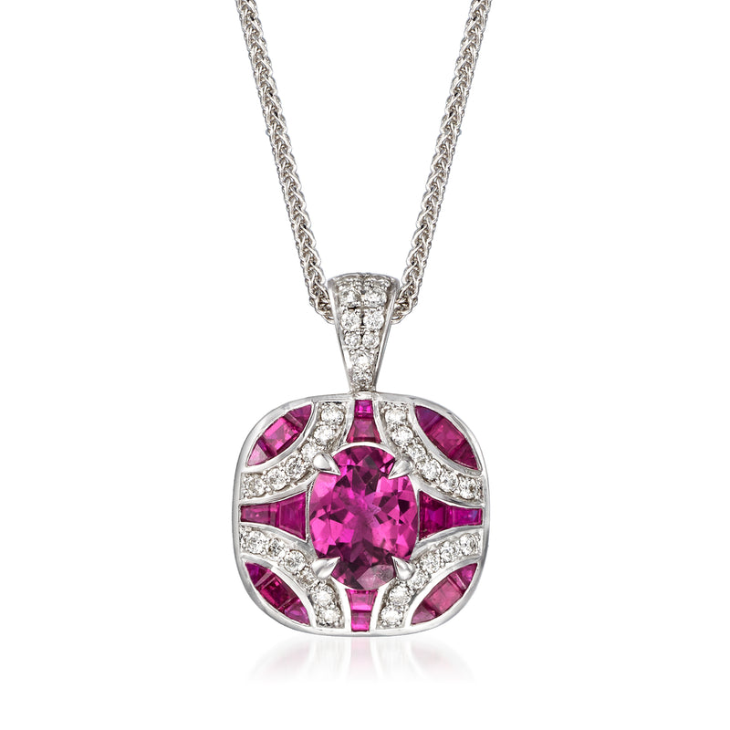 14kt white gold pendant necklace with round pink tourmaline, diamond halo, ruby side stones