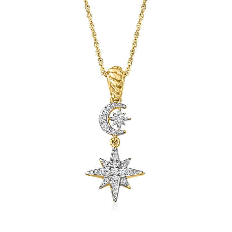 Star and moon pendant necklace with round stone accents in yellow gold over silver