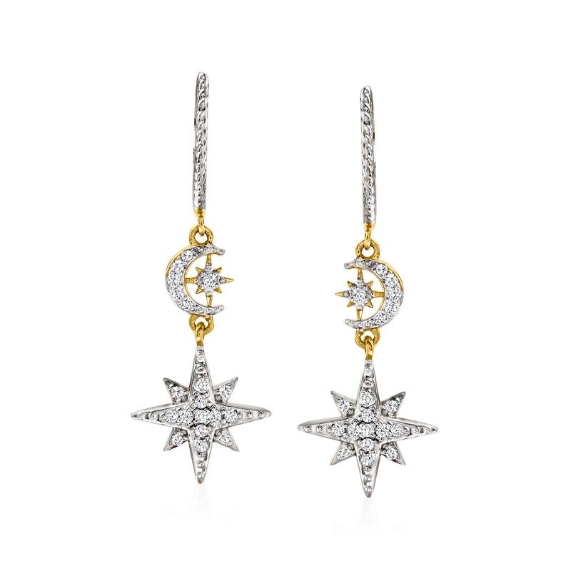Moon and star drop earrings with star dangle and crescent moon charm, gold accents