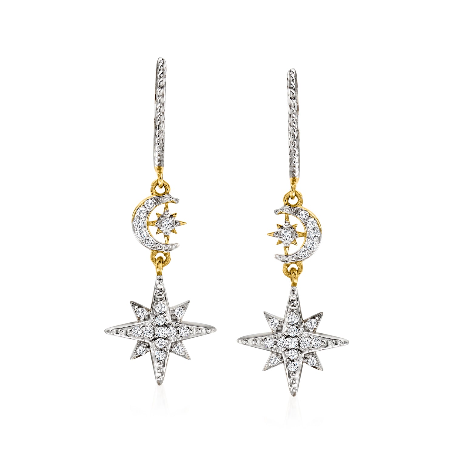 Ross-simons .20 Ct. T.w. Diamond Star And Moon Drop Earrings In 18kt Yellow Gold Over Sterling Silver