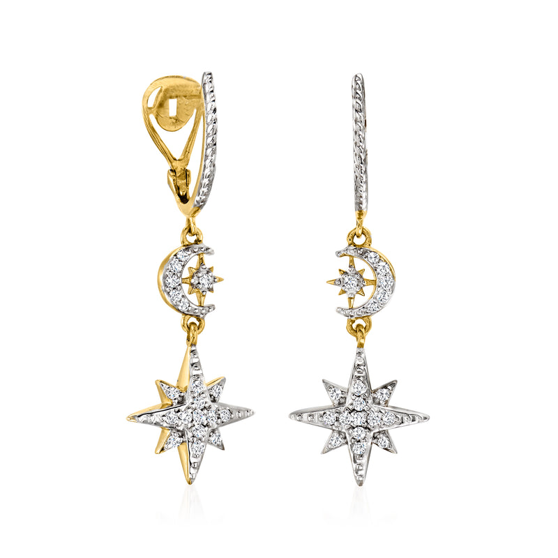 Star and moon drop earrings with pave dangles and gold-tone ear hooks