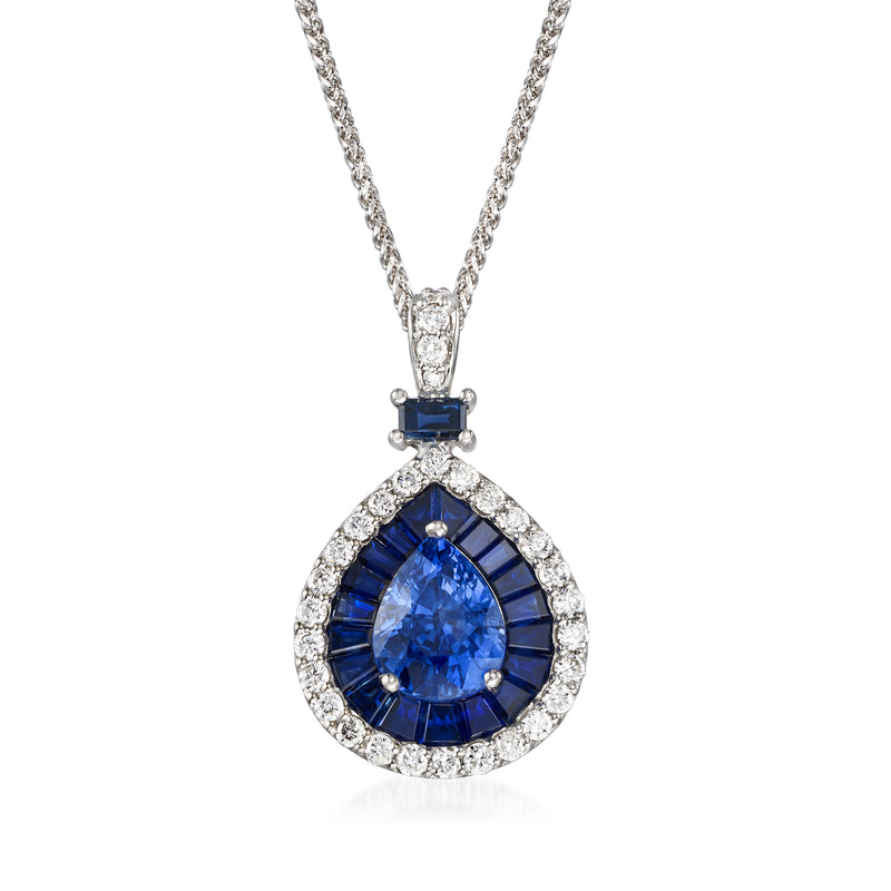 14kt white gold pendant necklace with blue sapphire and diamond halo, teardrop design