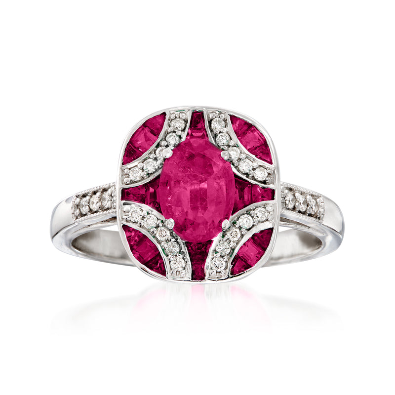 14k white gold ring with oval pink ruby center and round diamond accents