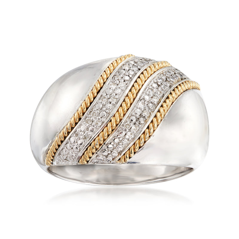 Sterling silver diamond ring with 14kt yellow gold trim and oval diamond band