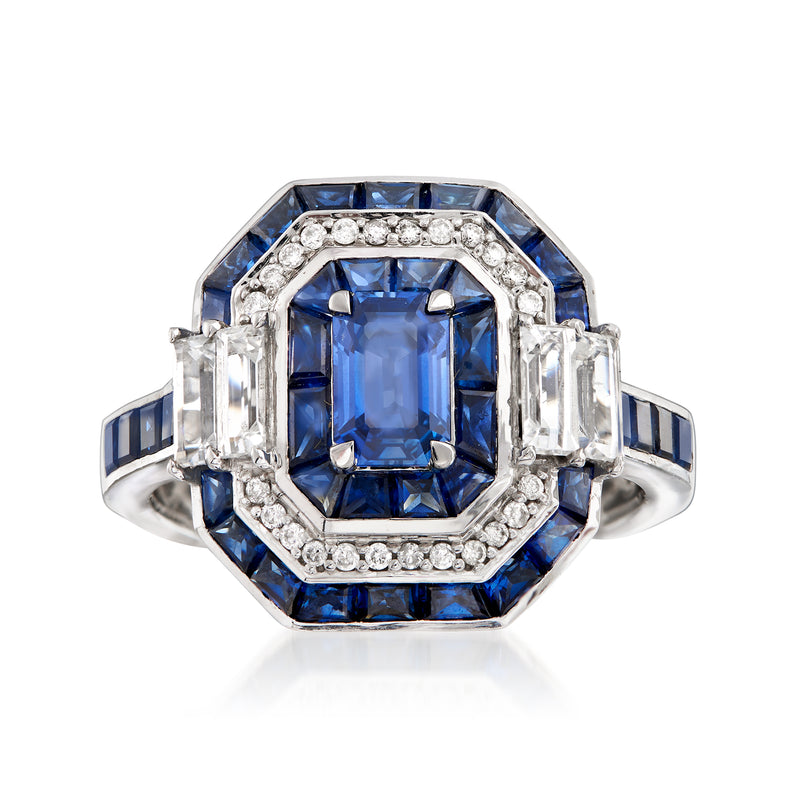 Blue sapphire and diamond halo ring in white gold, cushion-cut center