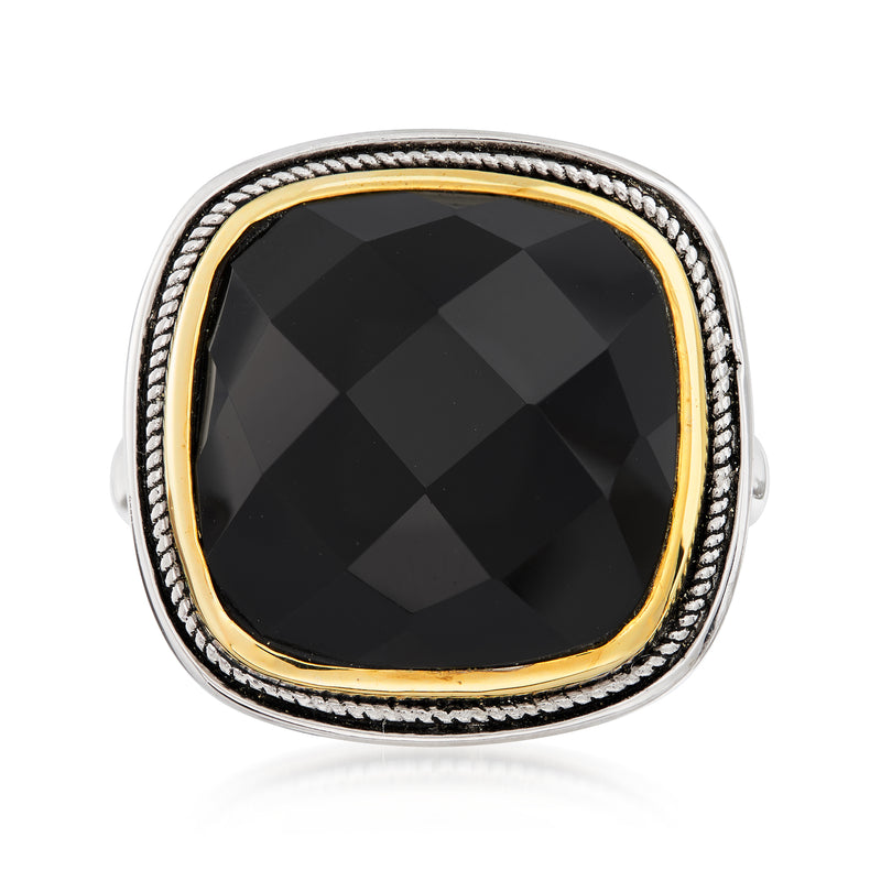 Sterling silver ring with black agate centerpiece and 14kt gold bezel detail