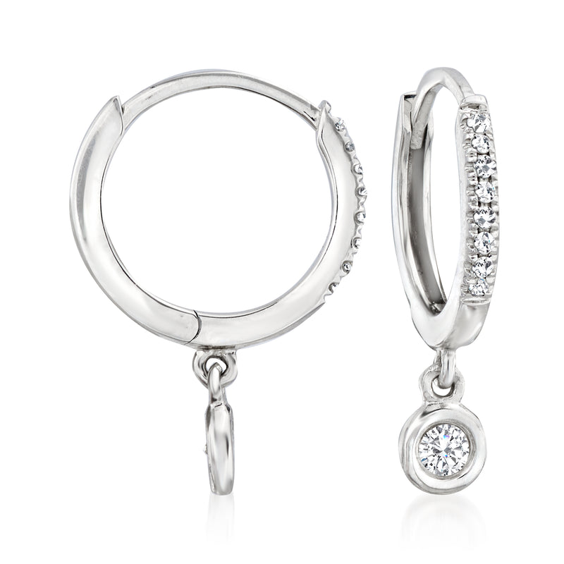 Diamond hoop drop earrings in 14kt white gold, one hoop with pavé diamonds and round drop