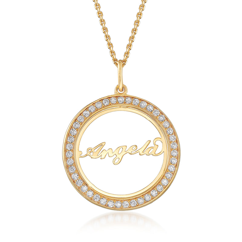 Personalized name pendant necklace with round CZ halo and goldtone chain