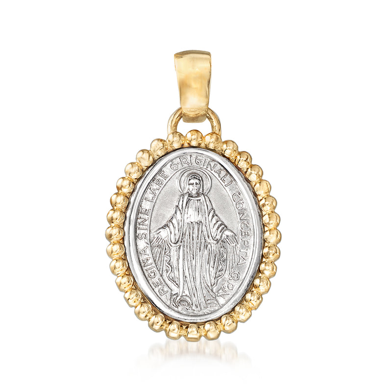 14kt two-tone gold miraculous medal pendant, oval Saint Mary medallion with beaded rim