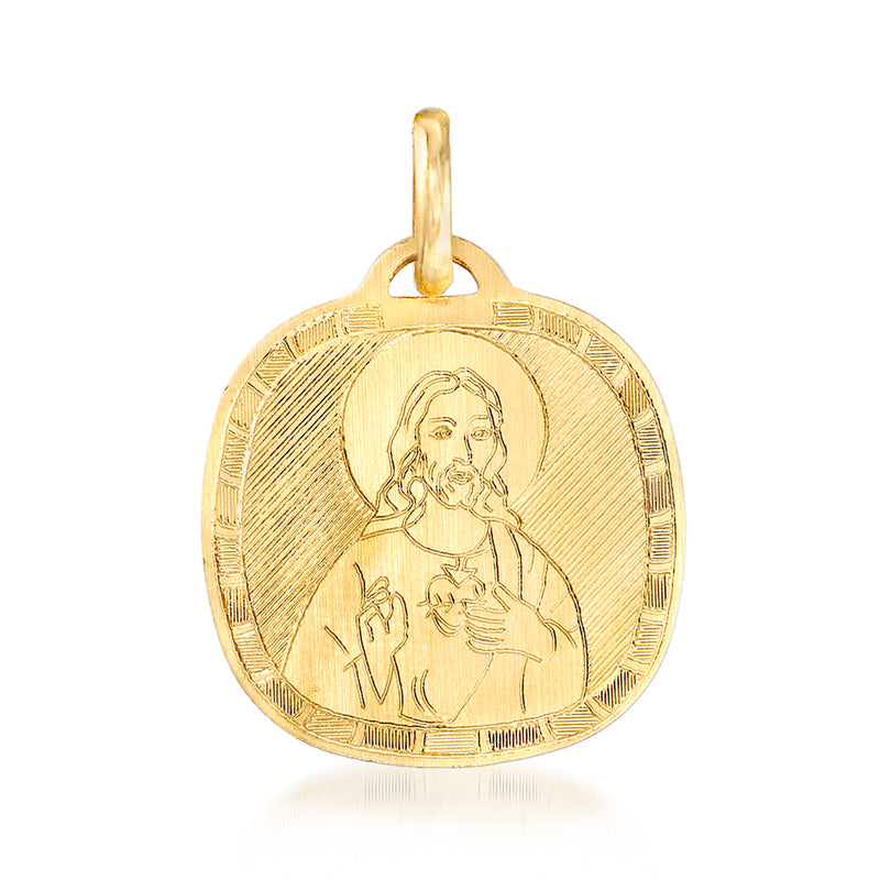 18kt yellow gold round sacred heart pendant with standing figure, hinged bail