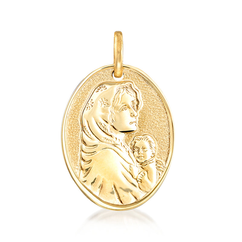 14kt yellow gold Virgin Mary oval pendant with raised mother-and-child relief