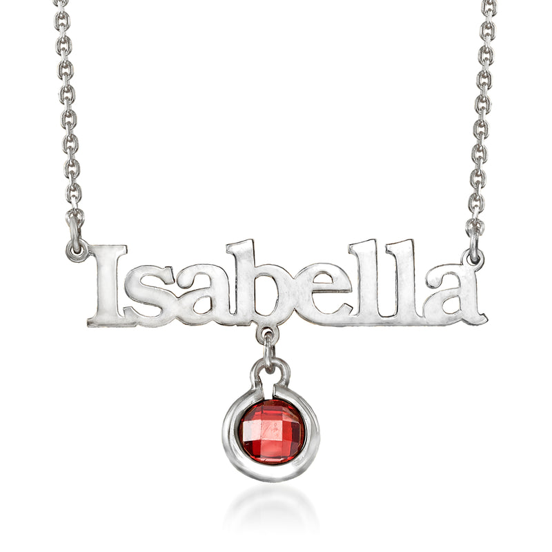Sterling silver personalized name necklace with red round birthstone charm, Isabela pendant
