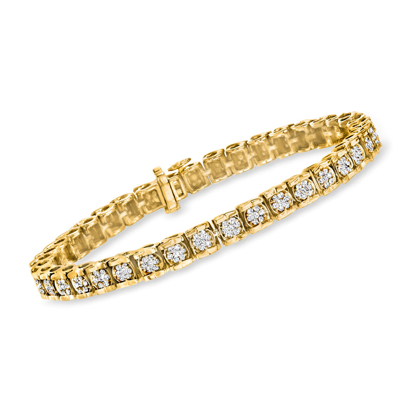 Gold tennis bracelet with diamond cluster rows in rectangular settings, hinged clasp