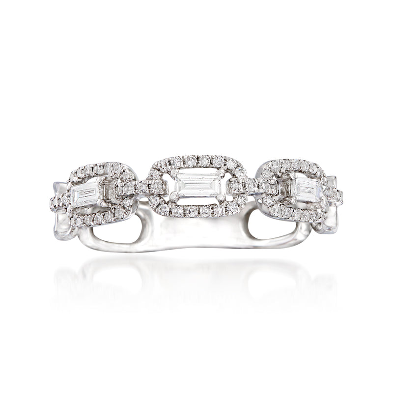 18kt white gold diamond interlocking chain ring with three rectangular-cut diamond bands