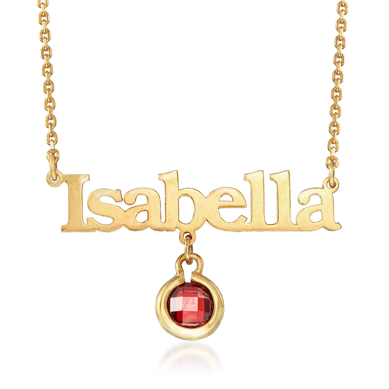 Personalized name necklace: gold Isabella charm with round red birthstone pendant