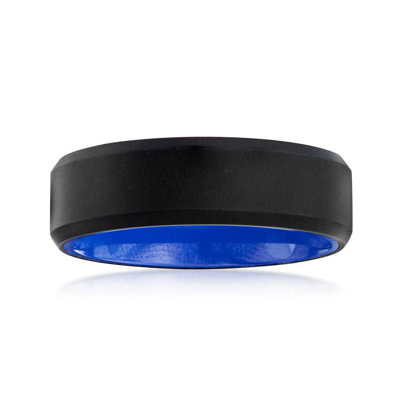 Matte black tungsten carbide wedding ring with blue ceramic inlay and flat profile