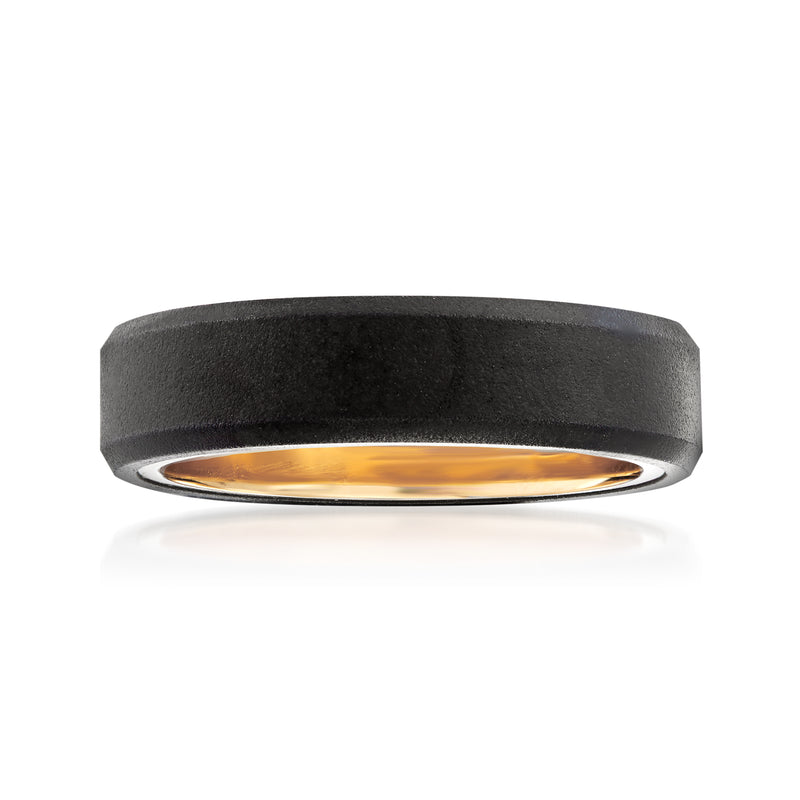 Men's tungsten carbide wedding band with yellow gold inlay, matte dark finish