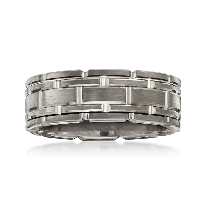 Silver tungsten carbide link-style wedding band, 8mm, brushed and polished metal links