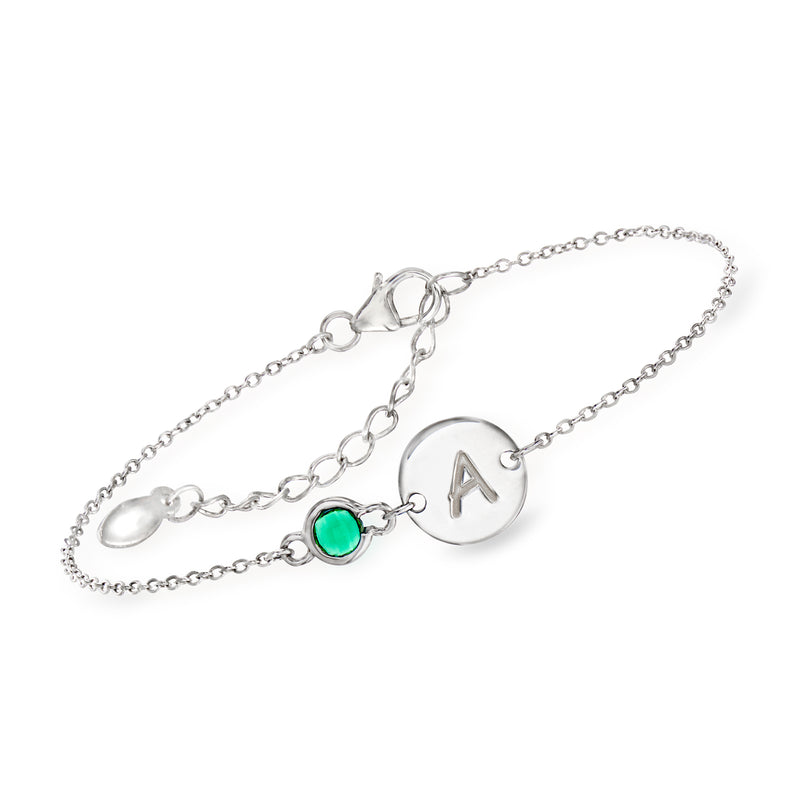 Sterling silver A initial disc bracelet with green round birthstone