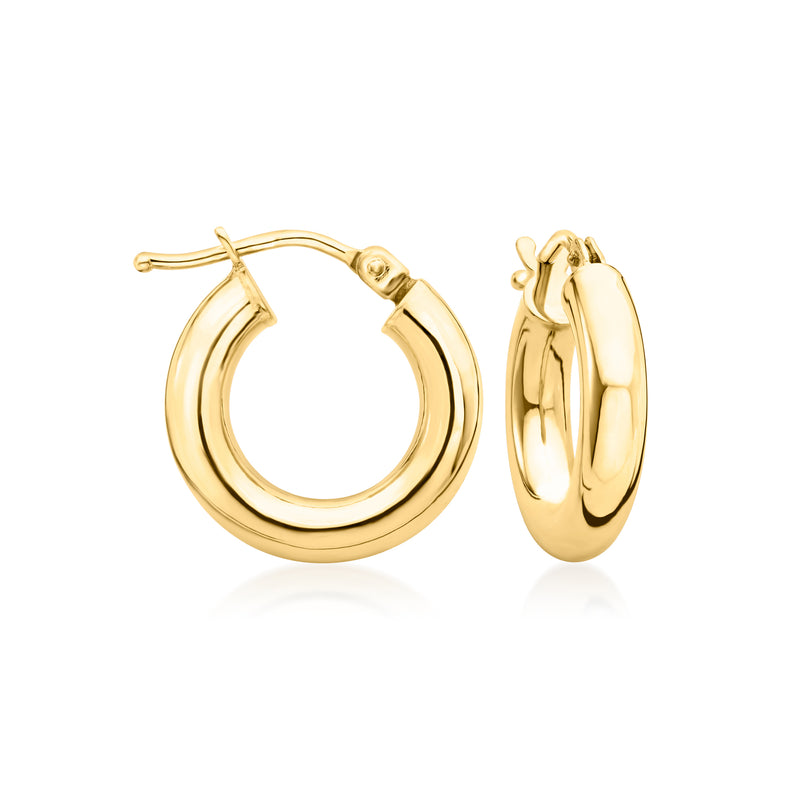 18kt yellow gold huggie hoop earrings, hinged clasp with small polished hoop profile