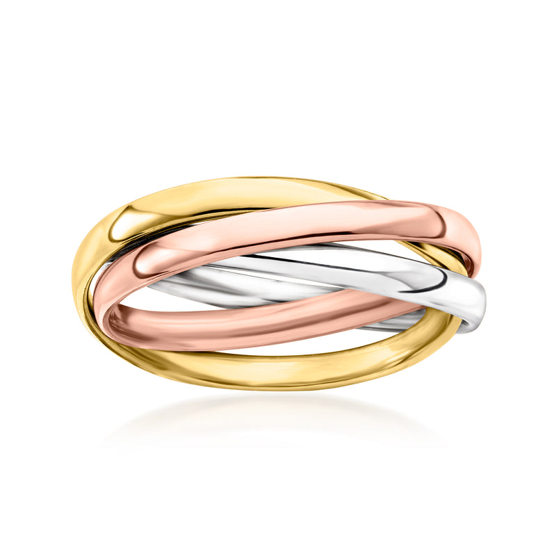 Tri-color 14k gold rolling ring with yellow, rose, and white polished bands