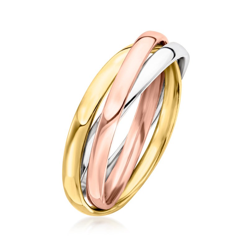 Tri-color 14k gold rolling ring angled view, three glossy bands in gold, rose, white