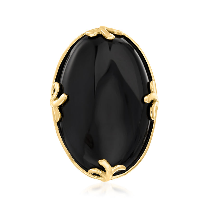 Oval black agate ring with 18kt gold over sterling setting and leaf-like side details.