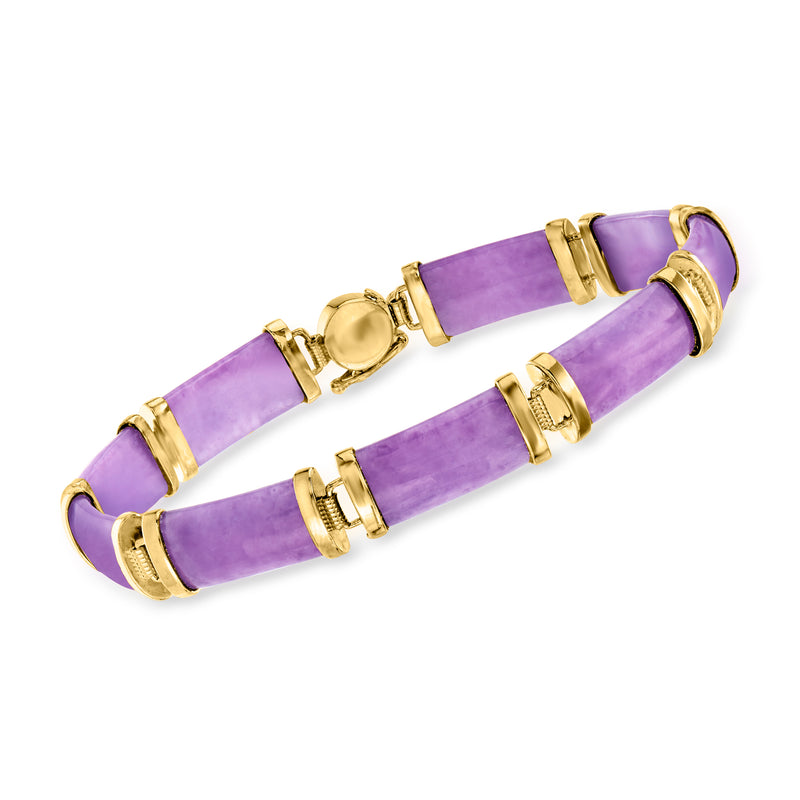 Purple jade link bracelet with gold over sterling end caps and circular centerpiece